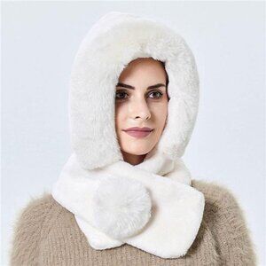 Luxury‎ Faux Fur Pom Winter Hooded Hat Scarf Fluffy Neck Warmer Ski Hat White